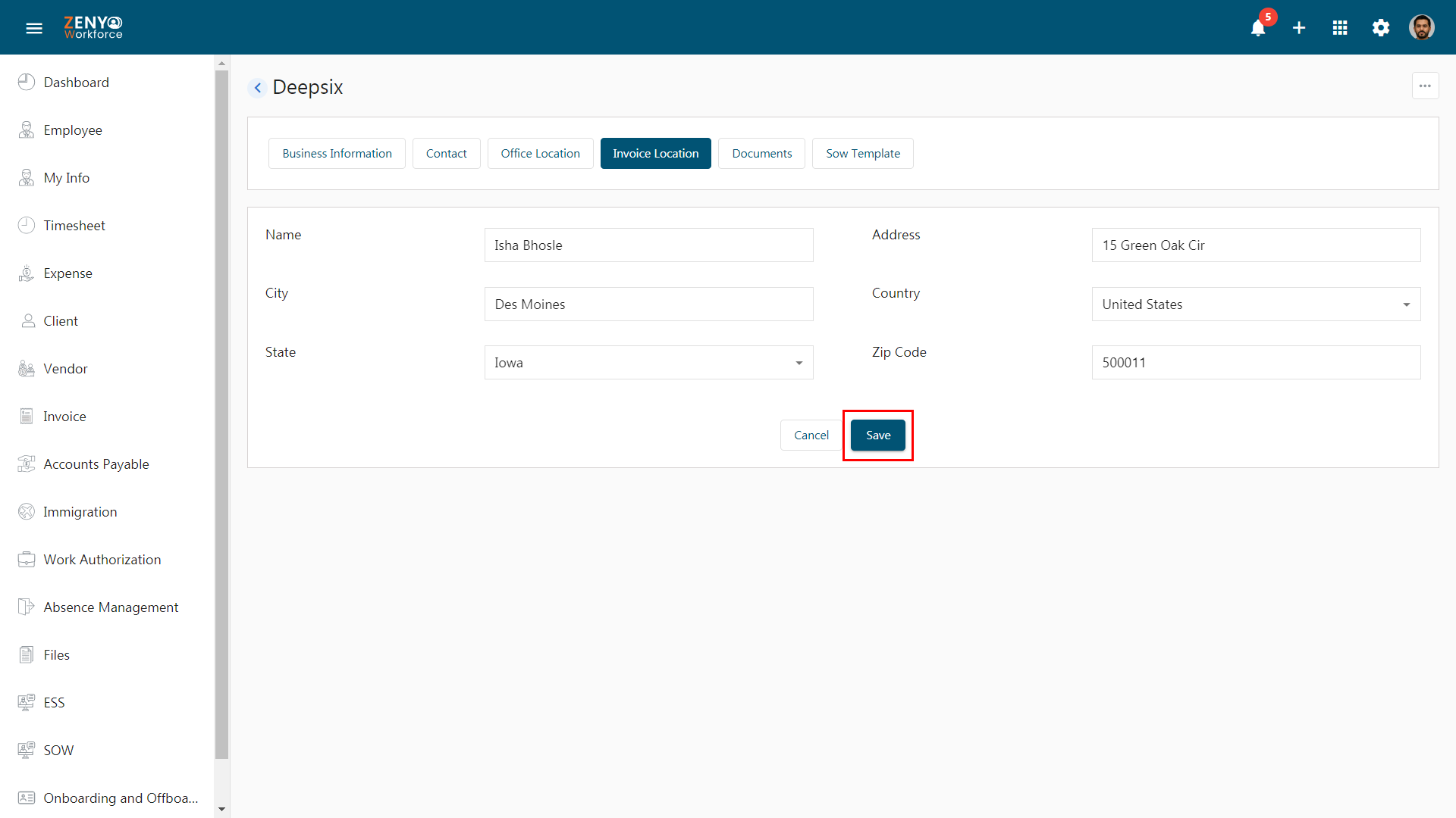 Client Invoice Location