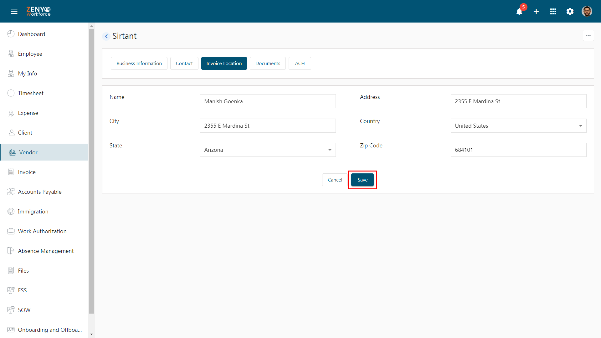 Vendor Invoice Location